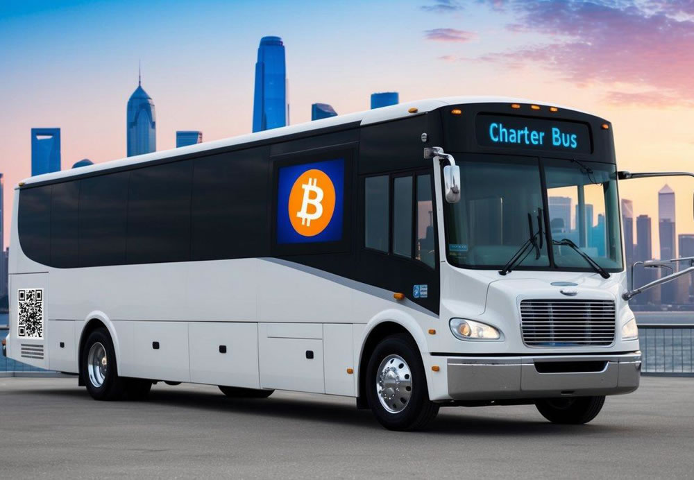 A charter bus parked in front of a futuristic city skyline, with a digital display on the side showing the Bitcoin logo and a QR code for payment