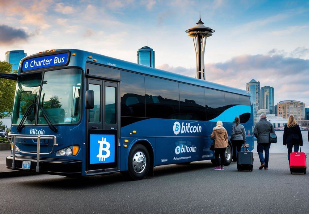 A charter bus parked outside a Seattle landmark, with a digital display showing Bitcoin payment options, while passengers board with luggage