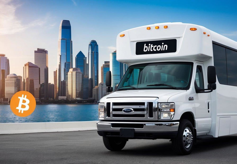 A charter bus parked in front of a modern city skyline, with a Bitcoin symbol displayed prominently on its digital payment system