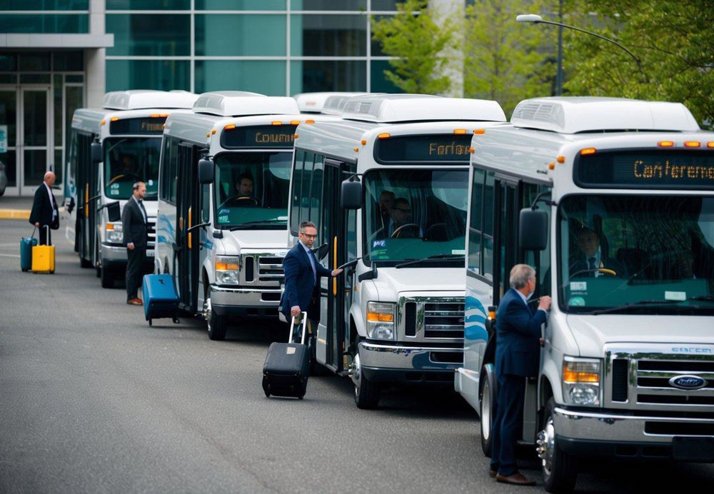 A fleet of modern buses and vans lined up outside a conference center in Seattle, with attendees boarding and loading luggage