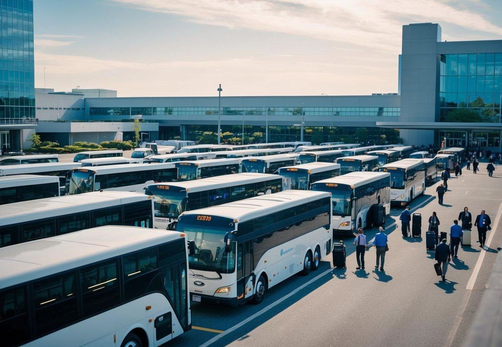 A fleet of buses and shuttles lined up outside a convention center, with attendees boarding and loading luggage for large-scale conference transportation in Seattle