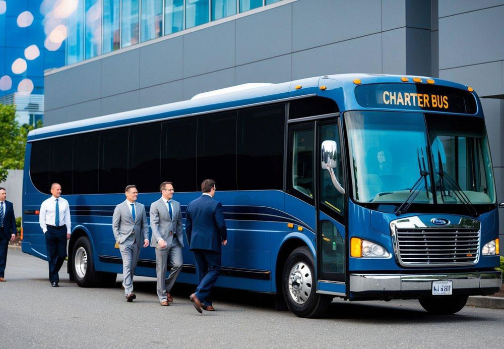 A charter bus parked outside a modern office building in Seattle, with a group of business professionals boarding the bus