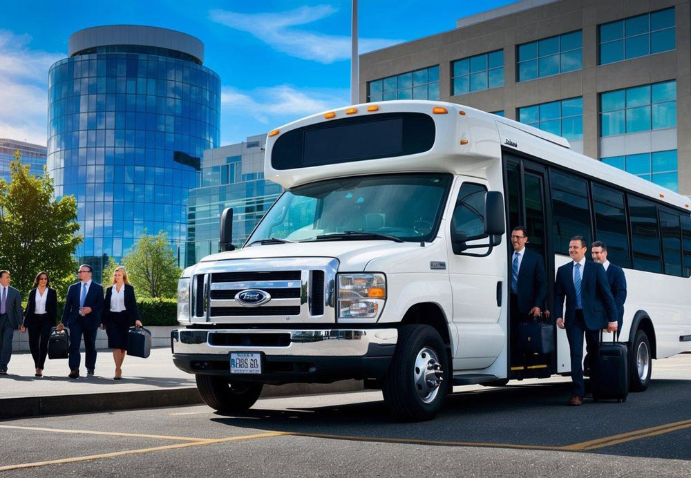 A charter bus parked in front of a modern office building in downtown Seattle, with a group of business professionals boarding with luggage