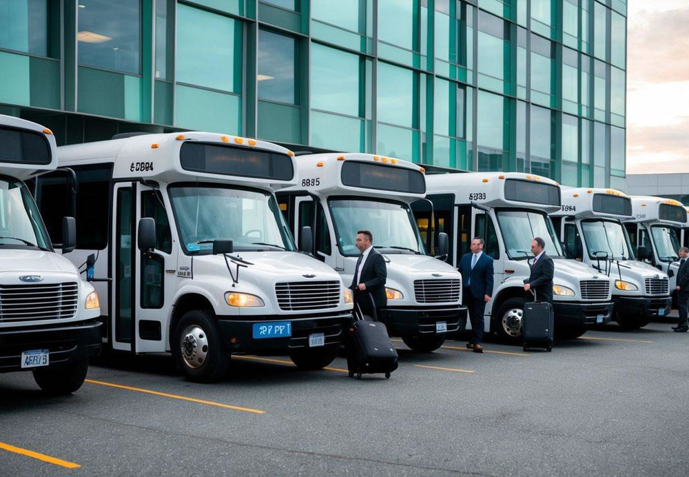 A group of charter buses lined up outside a corporate office building in Seattle, with business professionals boarding and loading their luggage