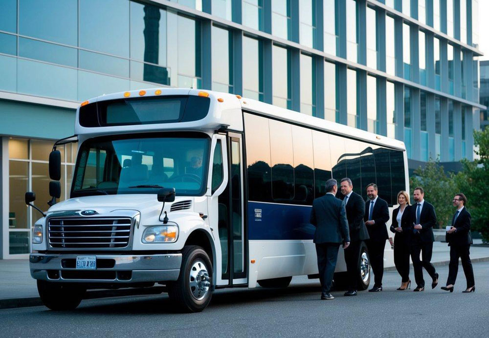 A charter bus parked in front of a modern office building in downtown Seattle, with a group of business professionals boarding the vehicle