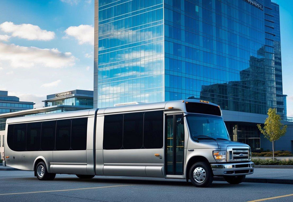 A sleek corporate shuttle bus parked in front of a modern office building in downtown Seattle