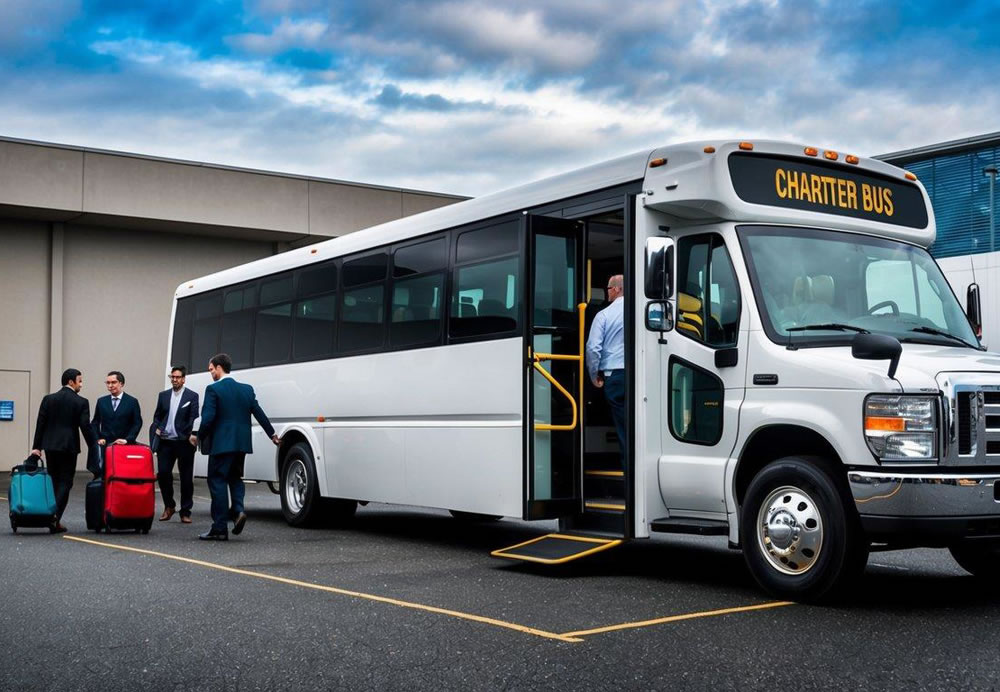 A charter bus parked outside a Seattle event venue, with people boarding and a driver loading luggage